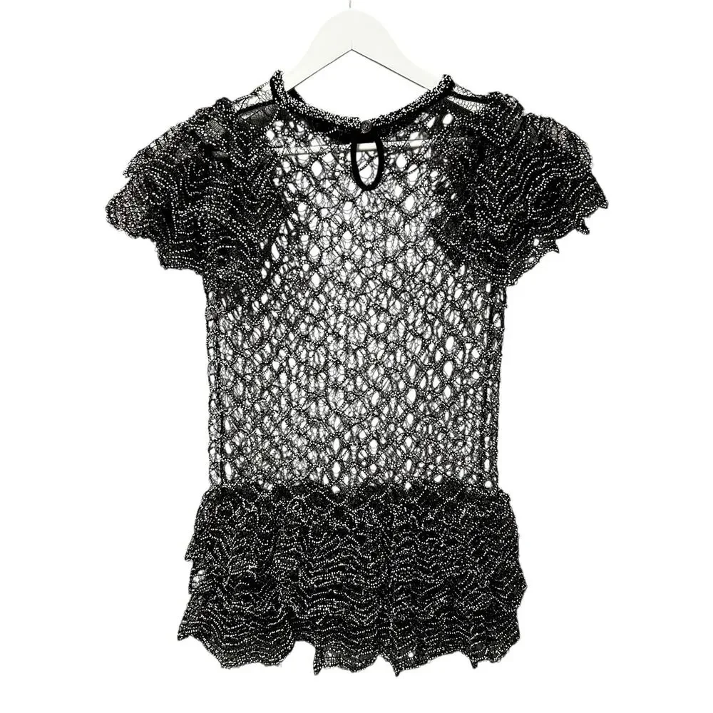 Chanel Black White Beaded Fishnet Ruffled Short Sleeve Dress Womens 38 / US 6?